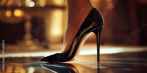 Close-up of a foot slipping into a sleek high heel shoe, highlighting the design and elegance of the footwear.