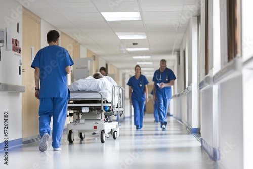 Hospital Corridor with Medical Staff and Patient on Stretcher