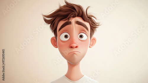  Young cartoon man with wide eyes and furrowed brows, expressing confusion and concern. His simple, neutral background emphasizes the character's worried emotions.