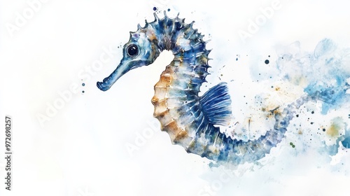 A vibrant watercolor depiction of a seahorse swimming gracefully through the ocean currents in a bright and artistic style