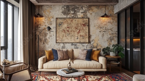 Apartment room with unfinished wall decor, exposed vintage wallpaper, eclectic mix of textures and colors, cozy atmosphere