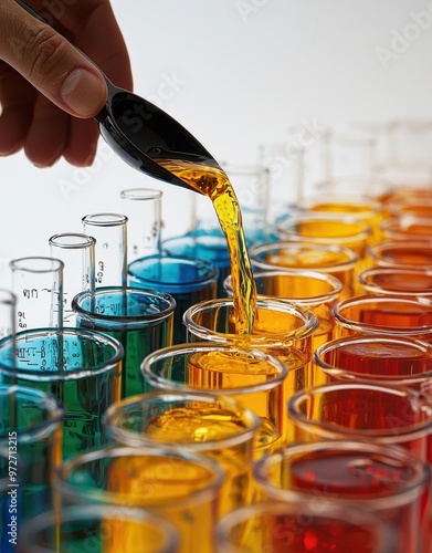 Close-up of colorful chemical experiments with beakers and flasks being carefully filled