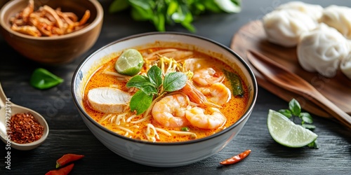 Malaysian Hawker Stall with a Bowl of Laksa