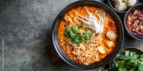 Malaysian Hawker Stall with a Bowl of Laksa