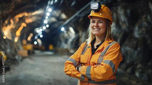 Smiling female miner standing with crossed arms in a brightly lit mine tunnel