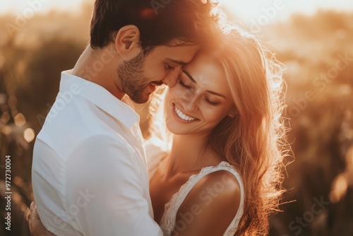 Young couple in love embracing in warm sunlight