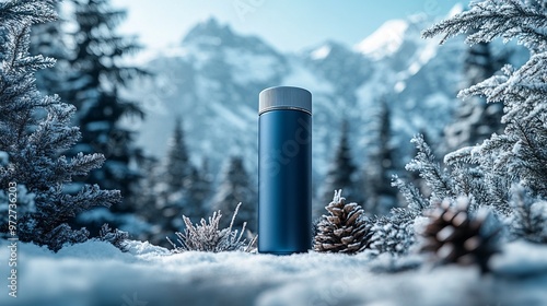 Mockup of a blank thermos bottle on a snowy mountain trail, surrounded by pine trees and fresh snow, perfect for winter outdoor product designs. 4K hyperrealistic photo.