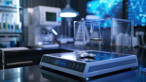 A modern laboratory setup features a precision scale with a flask, surrounded by scientific equipment and digital displays.