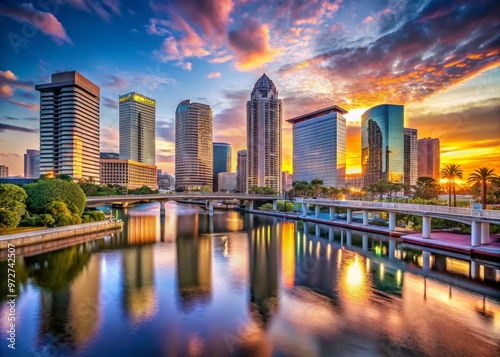 Vibrant downtown Tampa skyline at sunset, featuring glittering high-rise buildings, majestic Riverwalk, and sleek