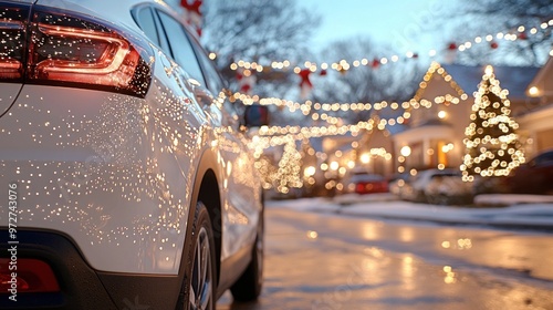 Festive winter evening with car parked on snow-covered street adorned with holiday lights.