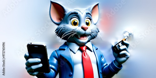 A highly detailed 3D illustration of a cat character dressed in a business suit, holding a smartphone in one hand and a detonator in the other. The vibrant colors and expressive features make it ideal