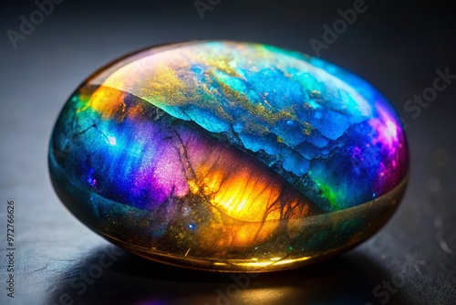 Vibrant, iridescent spectrolite gemstone reveals shifting colors of blue, gold, and purple in a mesmerizing, metallic