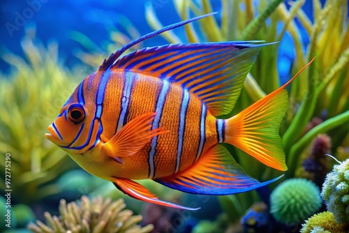 Vibrant orange and blue-striped Pegasus fish with lengthy dorsal fin and crescent-shaped tail swims in a coral reef