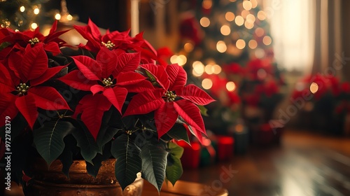 Arranging poinsettias and holiday plants around the house, with festive decorations and a warm, inviting atmosphere. 4K hyperrealistic photo.