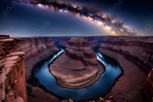 A starry sky above a vast canyon with the stars reflecting off a winding river below, AI Generated