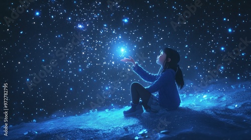 A young girl reaches out to touch a glowing star in the night sky.