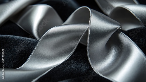 Close-up of a silver satin ribbon looped and curled elegantly on a black velvet surface, showcasing luxury and style