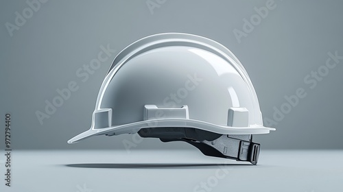 A sleek white hard hat is displayed from a side perspective on a simple gray background, perfect for construction or industrial-themed stock photography