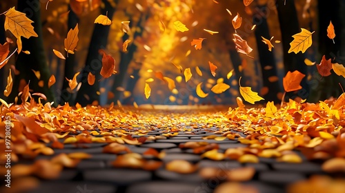 Autumn leaves gently fall upon a cobblestone path, evoking the spirit of the season.