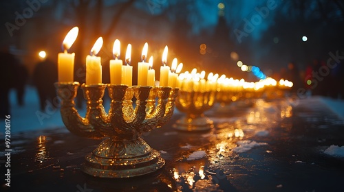 A community menorah lighting event in a city square, the glowing candles symbolizing the holiday spirit. People celebrate together in the warm atmosphere.