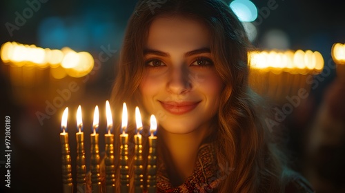 A community menorah lighting event in a city square, the glowing candles symbolizing the holiday spirit. People celebrate together in the warm atmosphere.