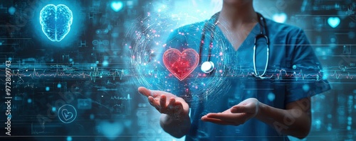 Nurse in blue scrubs holds a glowing heart hologram, symbolizing healthcare, technology, and compassionate care