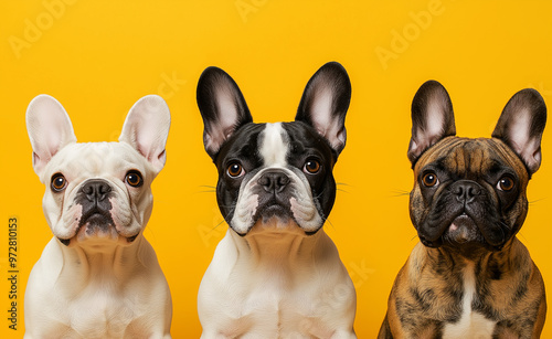 Three French Bulldogs sitting in a row on a yellow background, each with a unique coat pattern.