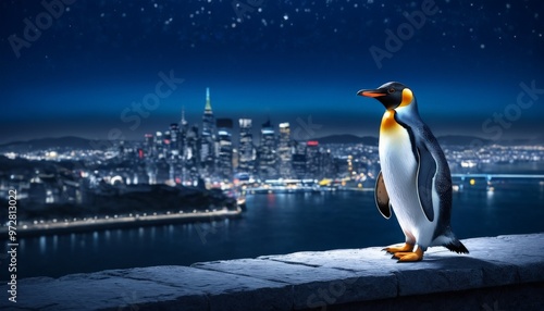 A striking image of a penguin standing on a ledge overlooking a cityscape illuminated at night. The scene blends wildlife with urban elements, creating a unique juxtaposition of natural and modern