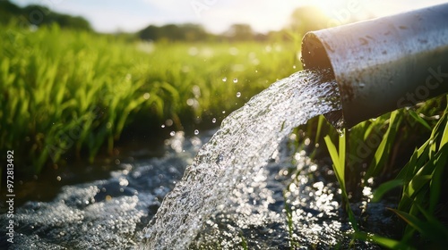 crystalclear water gushing from large metal pipe in lush green field closeup shot emphasizing waters purity and force with sunlight glinting off droplets