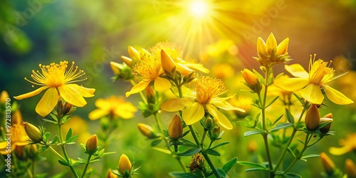 Vibrant yellow flowers of St. John's Wort bloom in a lush green meadow, surrounded by leafy stems and