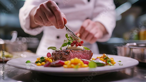 Haute cuisine. The chef prepares an exquisite dish in restaurant kitchen.