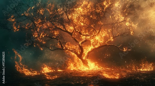 divine revelation burning bush enveloped in flames but not consumed biblical scene dramatic lighting religious concept art