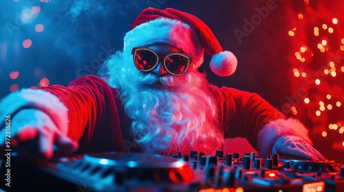 dj santa claus spinning decks at neonlit new years party funky sunglasses modern twist on classic character electric blue background festive energy