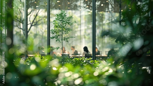 Blurred background of people walking in a modern office building with green trees and sunlight , eco friendly and ecological responsible business concept image with copy space