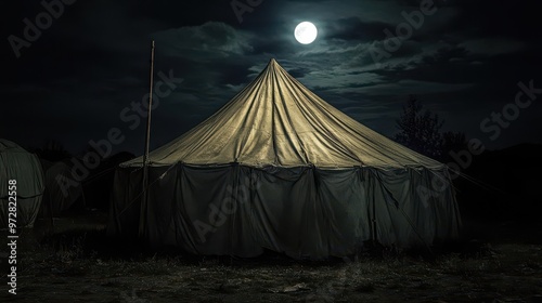 eerie abandoned circus tent moonlit and shadowfilled tattered canvas ghostly remnants of past performances haunting silence broken only by whispers of forgotten laughter