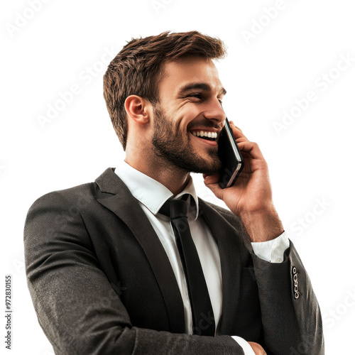 A sales representative holding a phone to their ear with a confident smile, as if talking to a client. isolated on transparency background