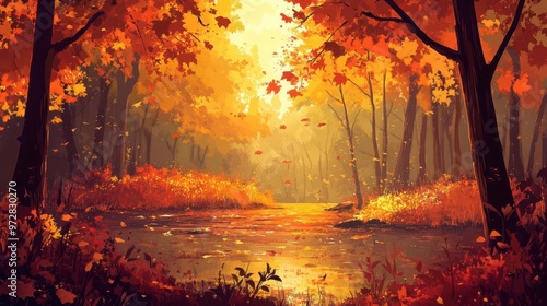 enchanting autumnal forest landscape rendered in rich warm hues stylized vector illustration captures magical atmosphere of fall blending realism with artistic interpretation