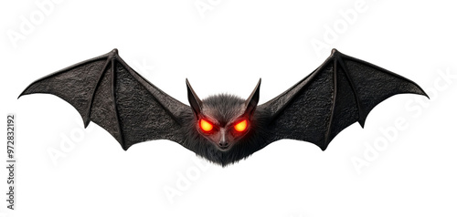 A menacing black bat with glowing red eyes, ideal for spooky Halloween themes or nature-focused projects.