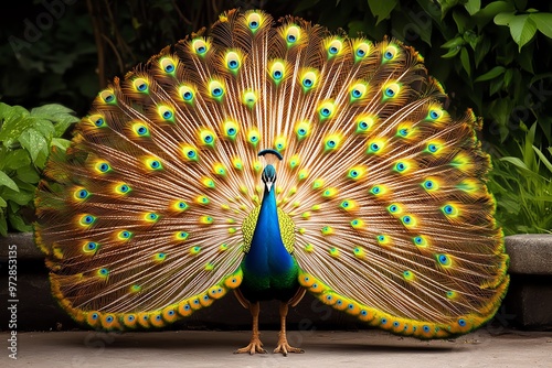 A male peacock fanning out his colorful feathers, putting on an extravagant display to attract a mate in the garden