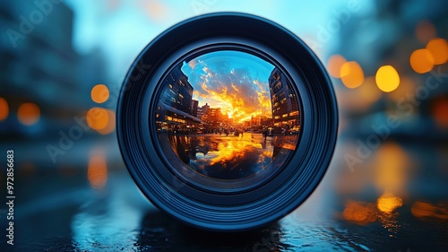 A closeup of a drones camera lens, reflecting the blue sky and fluffy clouds, highlighting the advanced technology used for aerial photography and videography