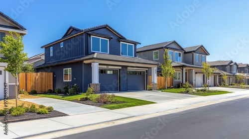 Newly constructed suburban homes with modern architecture, freshly landscaped