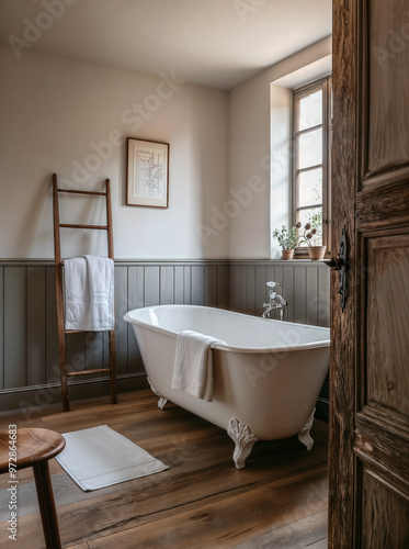 A classic bathroom with grey tones a wood floor and a freestanding white bathtub. A towel is hanging on the wall.