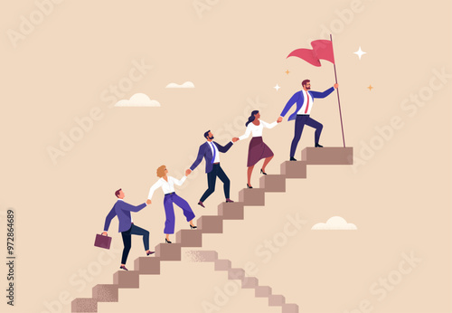 Business Leadership Concept. Vector illustration in flat style of group of diverse people in business outfits walking up the steps following a leader looking ahead. Isolated on background 