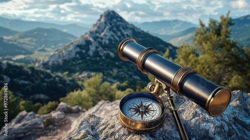 Telescope aimed at a mountain peak, with a compass next to it, symbolizing direction and purpose