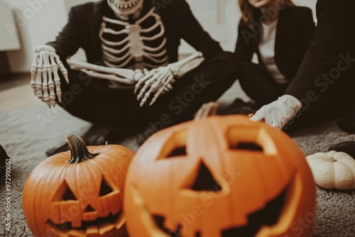 A male incognito removes seeds from a carved pumpkin