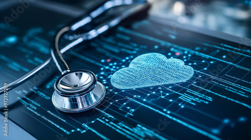 A stethoscope with a digital cloud forming around it, a heartbeat graph illuminating the cloud, showcasing the real-time health monitoring capabilities of cloud technology.