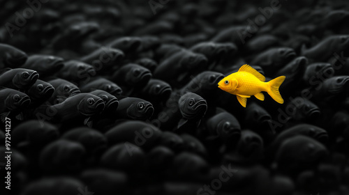 A single yellow fish swimming against a school of black fish, embodying the concept of breaking norms and driving innovation.