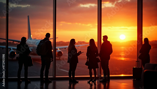 Silhouetted passengers at an airport window with a sunset-lit airliner, filled with travel excitement.