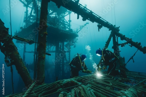 Underwater Welding Divers Working on a Sunken Structure