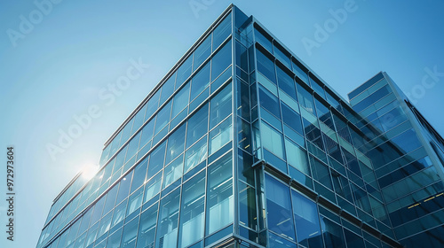 Modern glass office building with reflections windows, in a low angle view, with a white sky background